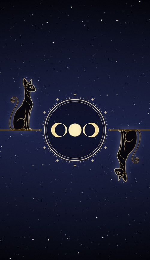 Card back of the Shadow deck: the black cat on the gold line, the triple Moon inside the zodiac ring